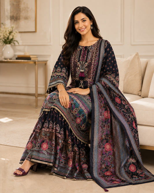 Fully Stitched-Chinnon Digital Printed Party Wear Sharara Suit Set with Cut Dana & Mirror Work