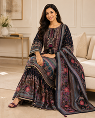 Fully Stitched-Chinnon Digital Printed Party Wear Sharara Suit Set with Cut Dana & Mirror Work