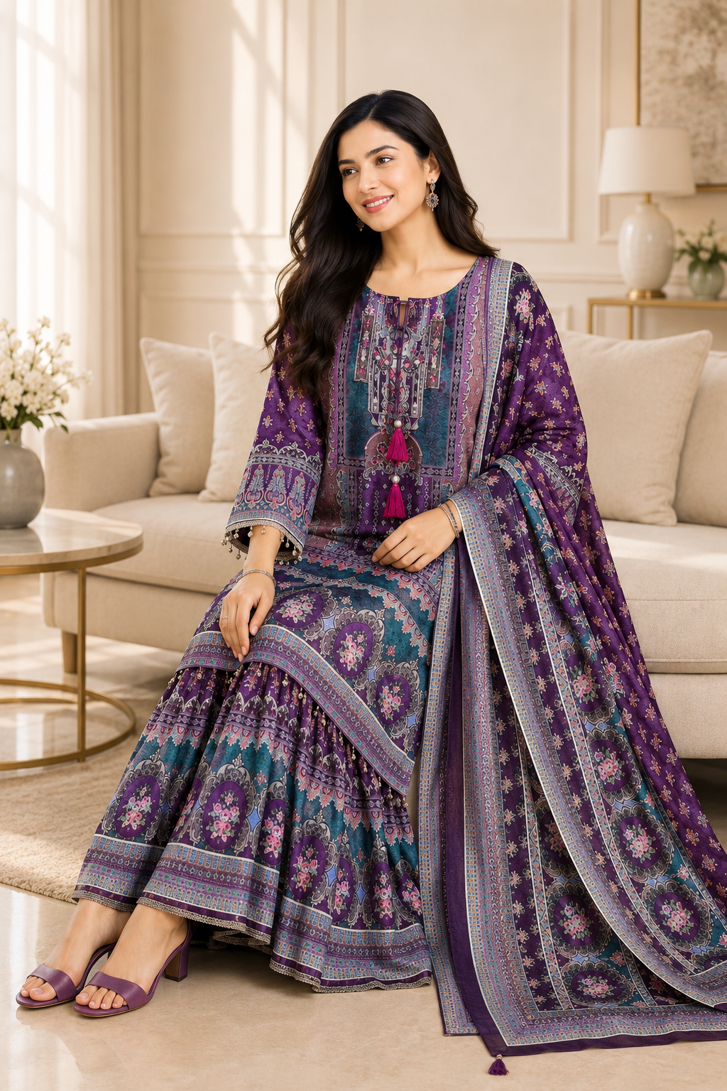 Chinnon Digital Printed Party Wear Sharara Suit Set with Cut Dana & Mirror Work | Fully Stitched