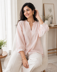 44 (2XL)-Cotton Solid Embroidered Top | Mandarin Collar | 3/4 Sleeves | Comfort Fit | Casual Wear
