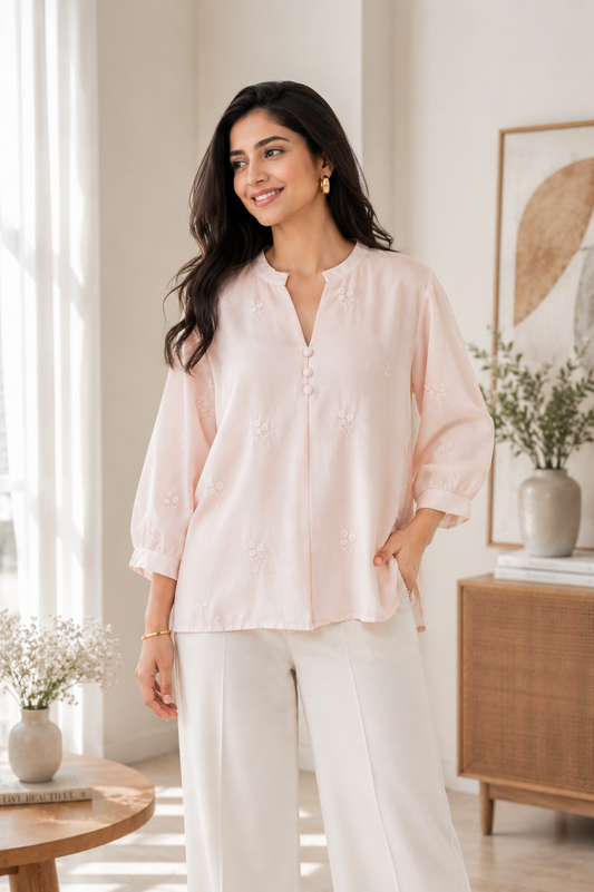 44 (2XL)-Cotton Solid Embroidered Top | Mandarin Collar | 3/4 Sleeves | Comfort Fit | Casual Wear