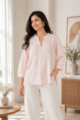 44 (2XL)-Cotton Solid Embroidered Top | Mandarin Collar | 3/4 Sleeves | Comfort Fit | Casual Wear