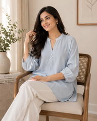 44 (2XL)-Cotton Solid Embroidered Top | Mandarin Collar | 3/4 Sleeves | Comfort Fit | Casual Wear