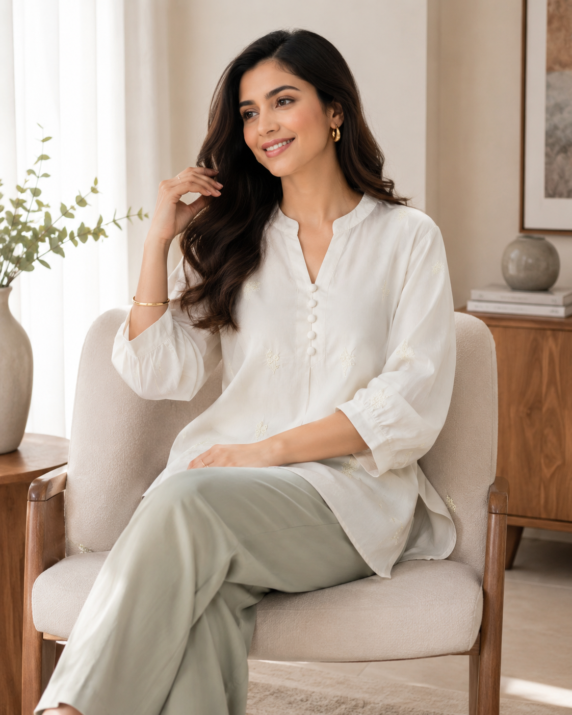44 (2XL)-Cotton Solid Embroidered Top | Mandarin Collar | 3/4 Sleeves | Comfort Fit | Casual Wear