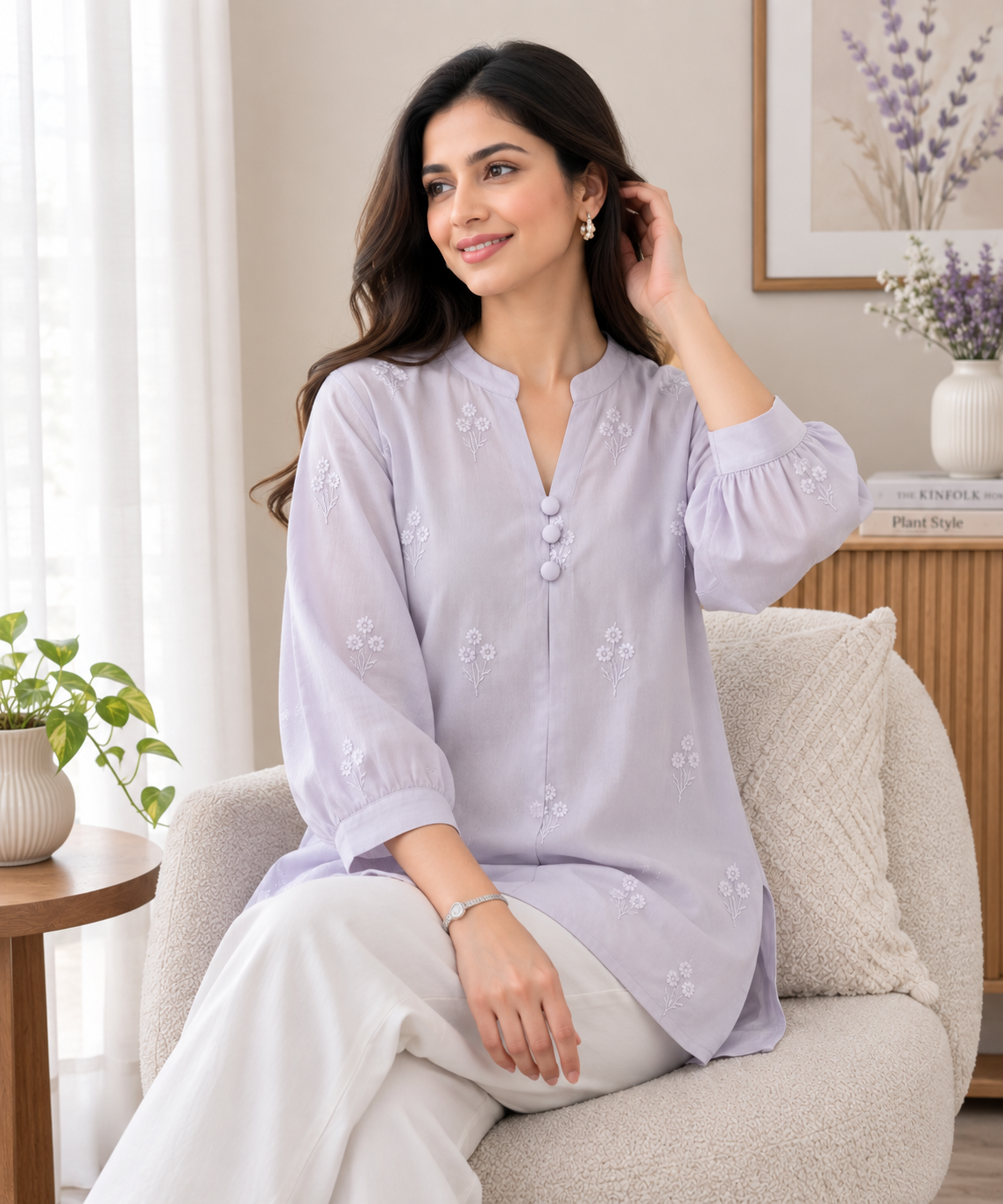 44 (2XL)-Cotton Solid Embroidered Top | Mandarin Collar | 3/4 Sleeves | Comfort Fit | Casual Wear