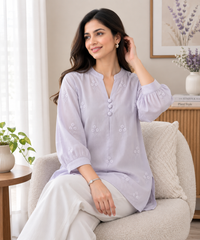 44 (2XL)-Cotton Solid Embroidered Top | Mandarin Collar | 3/4 Sleeves | Comfort Fit | Casual Wear