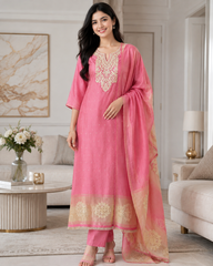 Jamdani Cotton Lagdi Patta- Faux Leather Unstitched Suit (3 PC Set)