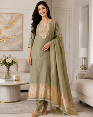 Jamdani Cotton Lagdi Patta- Faux Leather Unstitched Suit (3 PC Set)