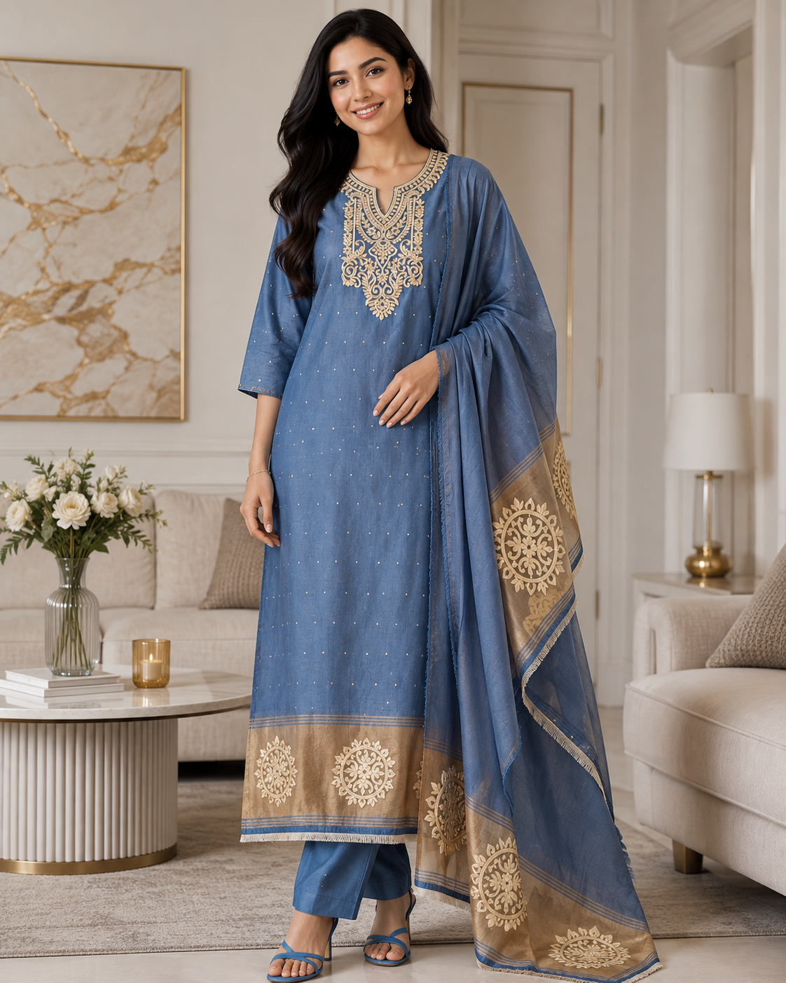 Jamdani Cotton Lagdi Patta- Faux Leather Unstitched Suit (3 PC Set)