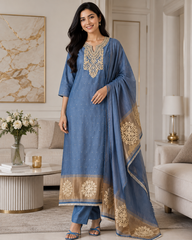 Jamdani Cotton Lagdi Patta- Faux Leather Unstitched Suit (3 PC Set)