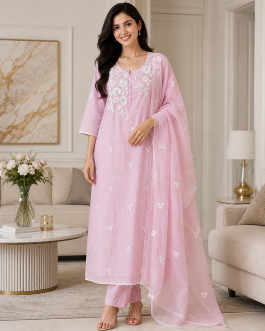 Mul Cotton Embroidered & Pearl Work Unstitched Suit with Embroidered Dupatta