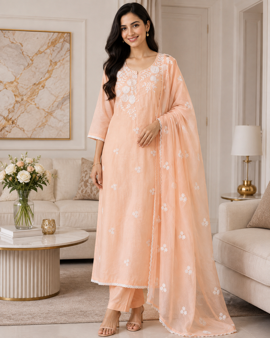 Mul Cotton Embroidered & Pearl Work Unstitched Suit with Embroidered Dupatta