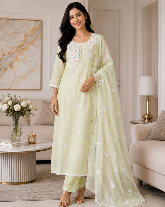 Mul Cotton Embroidered & Pearl Work Unstitched Suit with Embroidered Dupatta