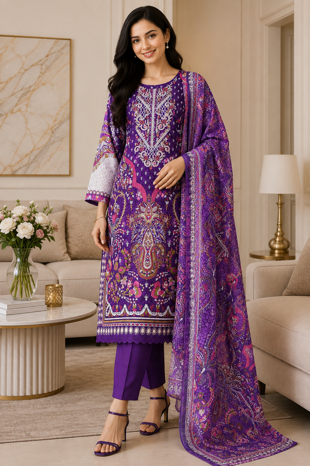 Fully Stitched - Pakistani Style Digital Print Embroidered Kurta Set with Dupatta & Pants