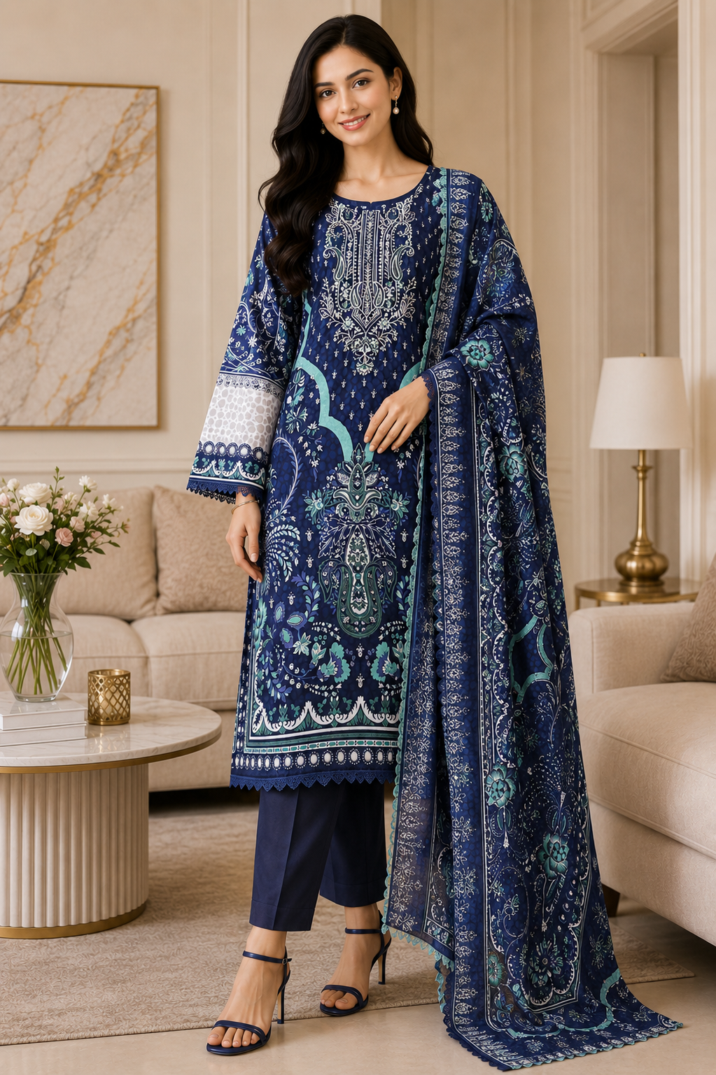Fully Stitched - Pakistani Style Digital Print Embroidered Kurta Set with Dupatta & Pants