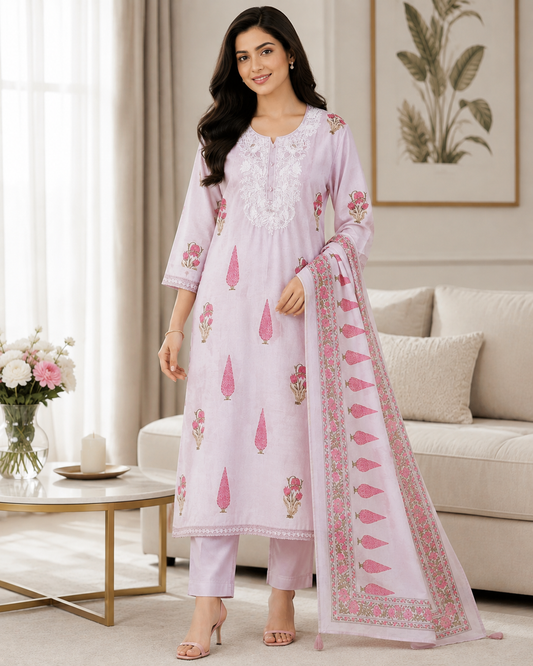 Mul Cotton Digital Print Unstitched Suit Set with Embroidered Neck & Dupatta