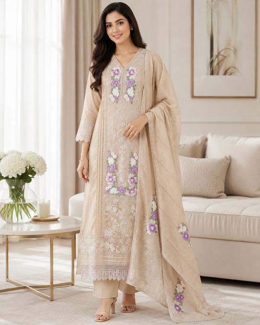Linen Pakistani Style Unstitched Suit with 3D Embroidery Work and Crochet Lacing