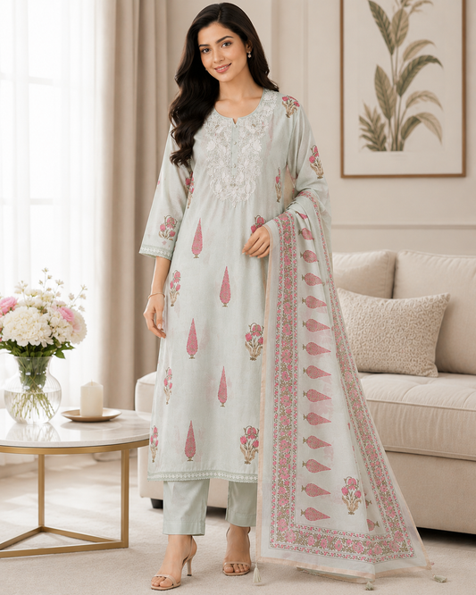 Mul Cotton Digital Print Unstitched Suit Set with Embroidered Neck & Dupatta