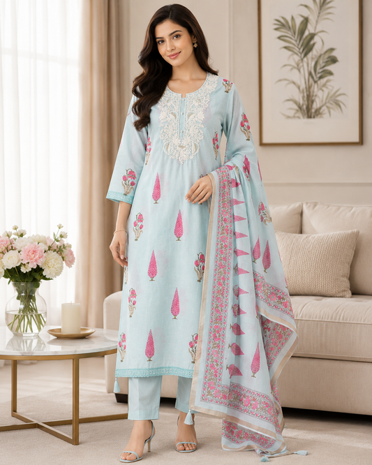 Mul Cotton Digital Print Unstitched Suit Set with Embroidered Neck & Dupatta