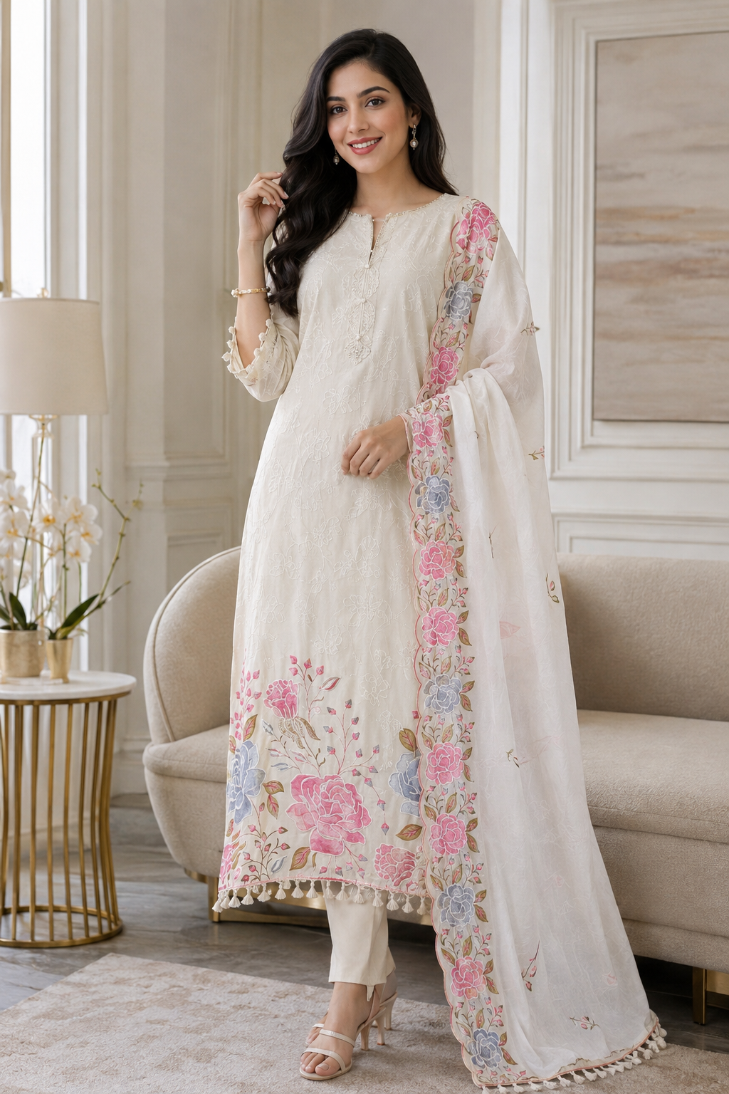 Mul Cotton Parsi Embroidered Unstitched Suit with Scalloped Embroidered Dupatta (3 Pc Set)