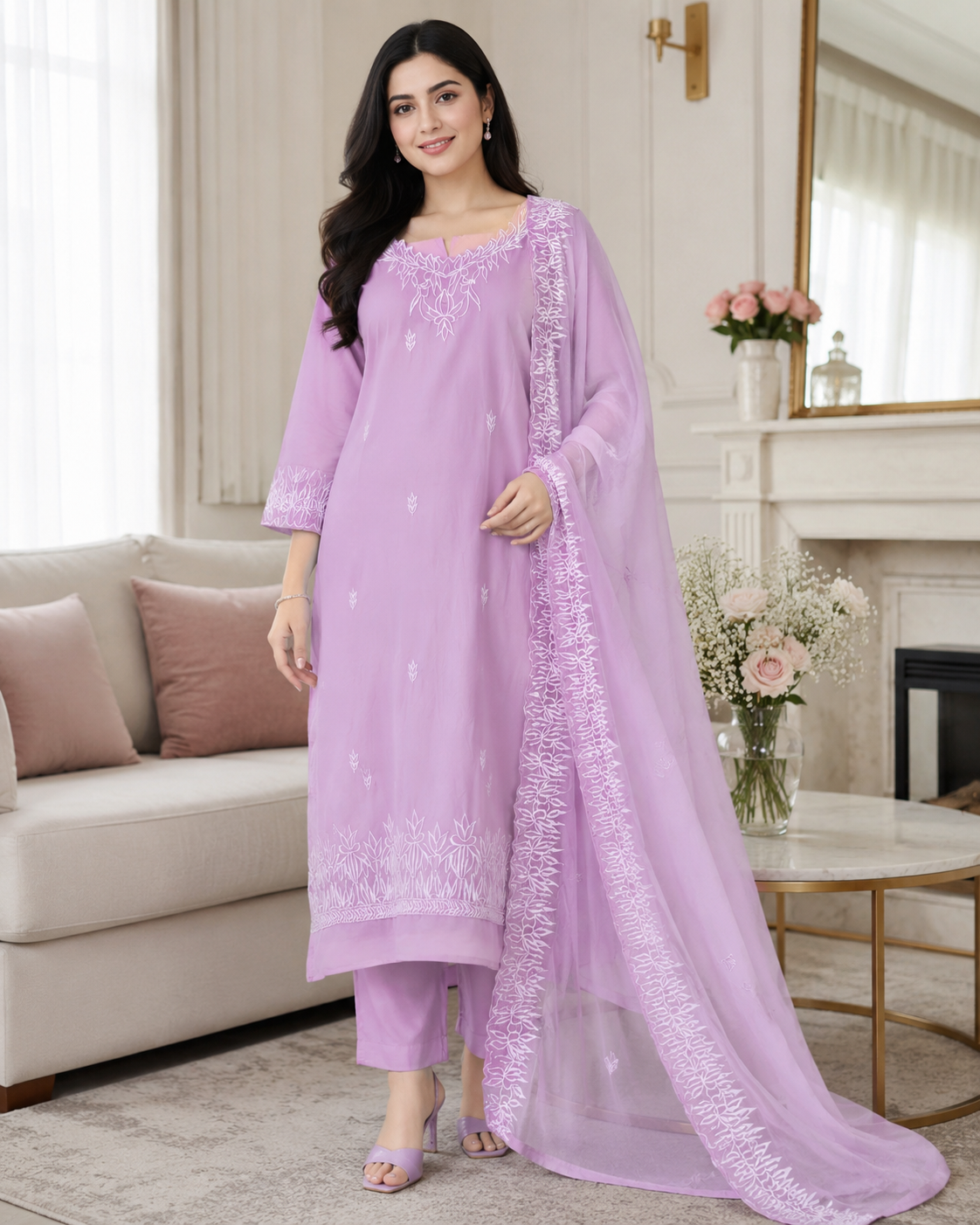 Pastel Organza Embroidered 3-Piece Fully Stitched Suit with Shantoon Pants