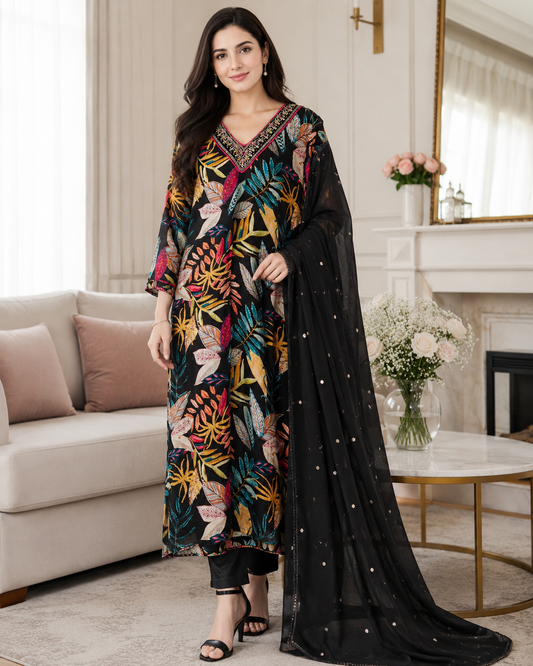 Elegant Chinnon Digital Printed Kurta Set with Neck Embroidery & Chiffon Dupatta – Fully Stitched