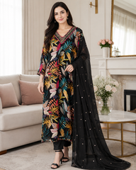 Elegant Chinnon Digital Printed Kurta Set with Neck Embroidery & Chiffon Dupatta – Fully Stitched