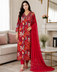Elegant Chinnon Digital Printed Kurta Set with Neck Embroidery & Chiffon Dupatta – Fully Stitched (Copy)