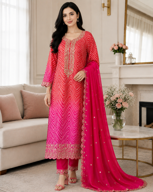 Chinnon Ombre Digital Printed 3-Piece Fully Stitched Suit with Sequin Embroidery & Shantoon Pants