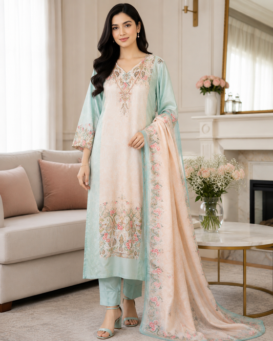 Fully Stitched-Muslin Digital Print Pearl Work  Suit Set with Muslin Dupatta