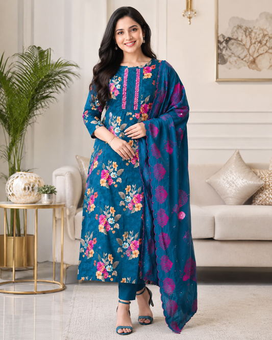 Glazed Cotton Digital Print Mirror Work Unstitched Suit with Cotton Scalloped Dupatta