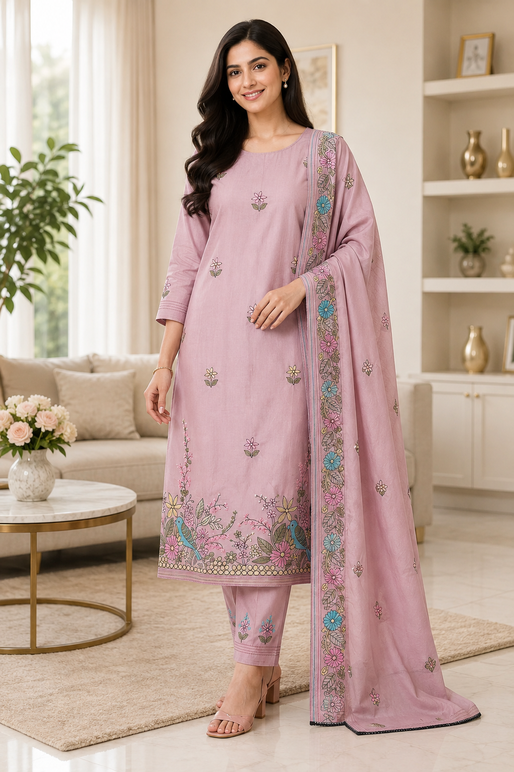 Mul Cotton Kantha Embroidery Unstitched Suit with Kantha Dupatta
