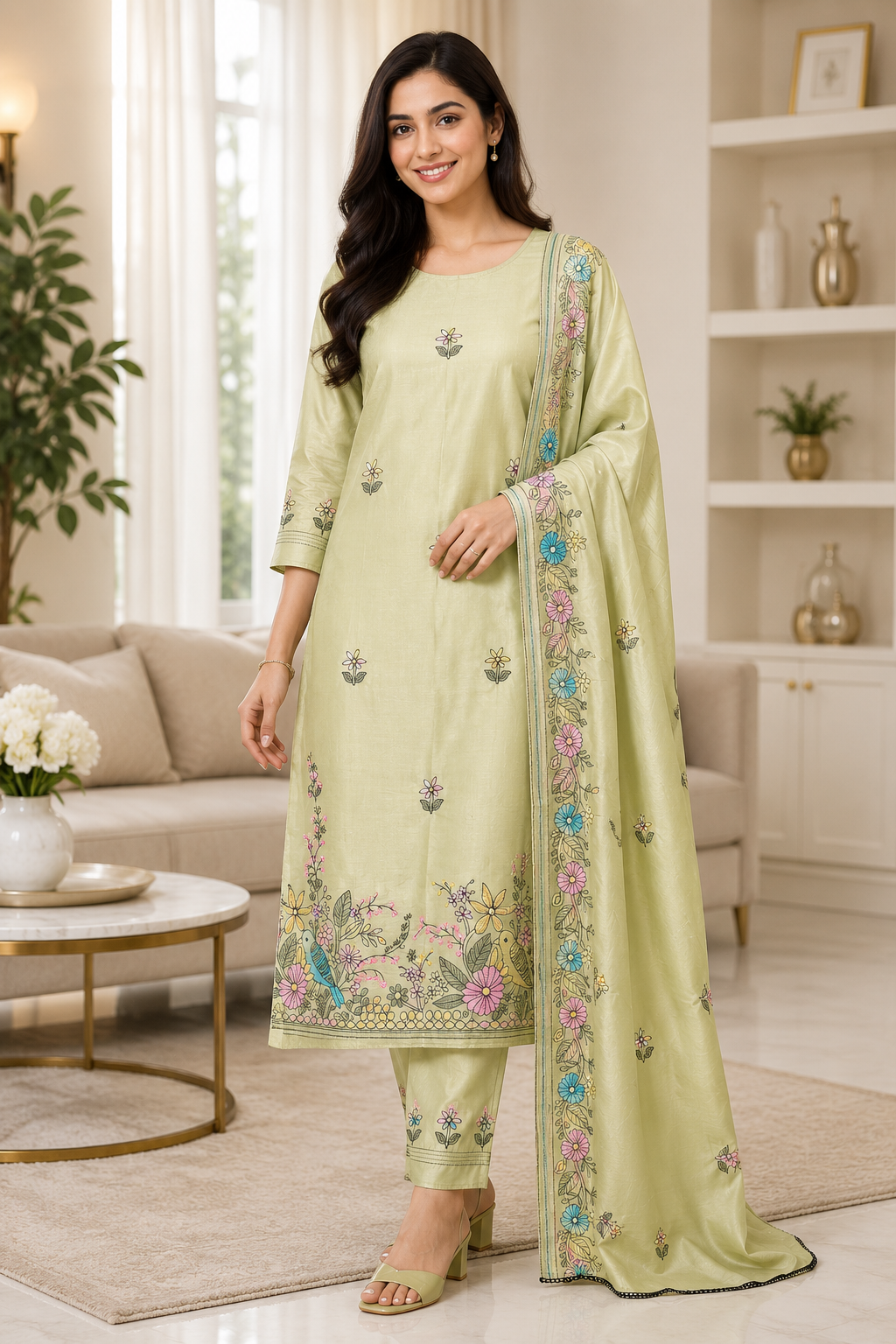 Mul Cotton Kantha Embroidery Unstitched Suit with Kantha Dupatta