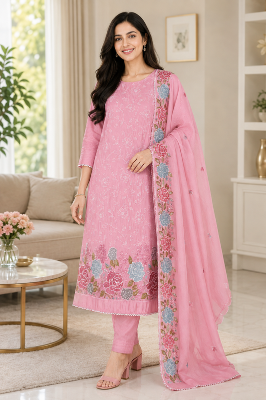 Mul Cotton Parsi Embroidered Unstitched Suit with Scalloped Embroidered Dupatta (3 Pc Set)