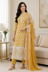 Pure Cotton Polka Dot Applique Work Unstitched Suit with Scalloped Embroidery Dupatta