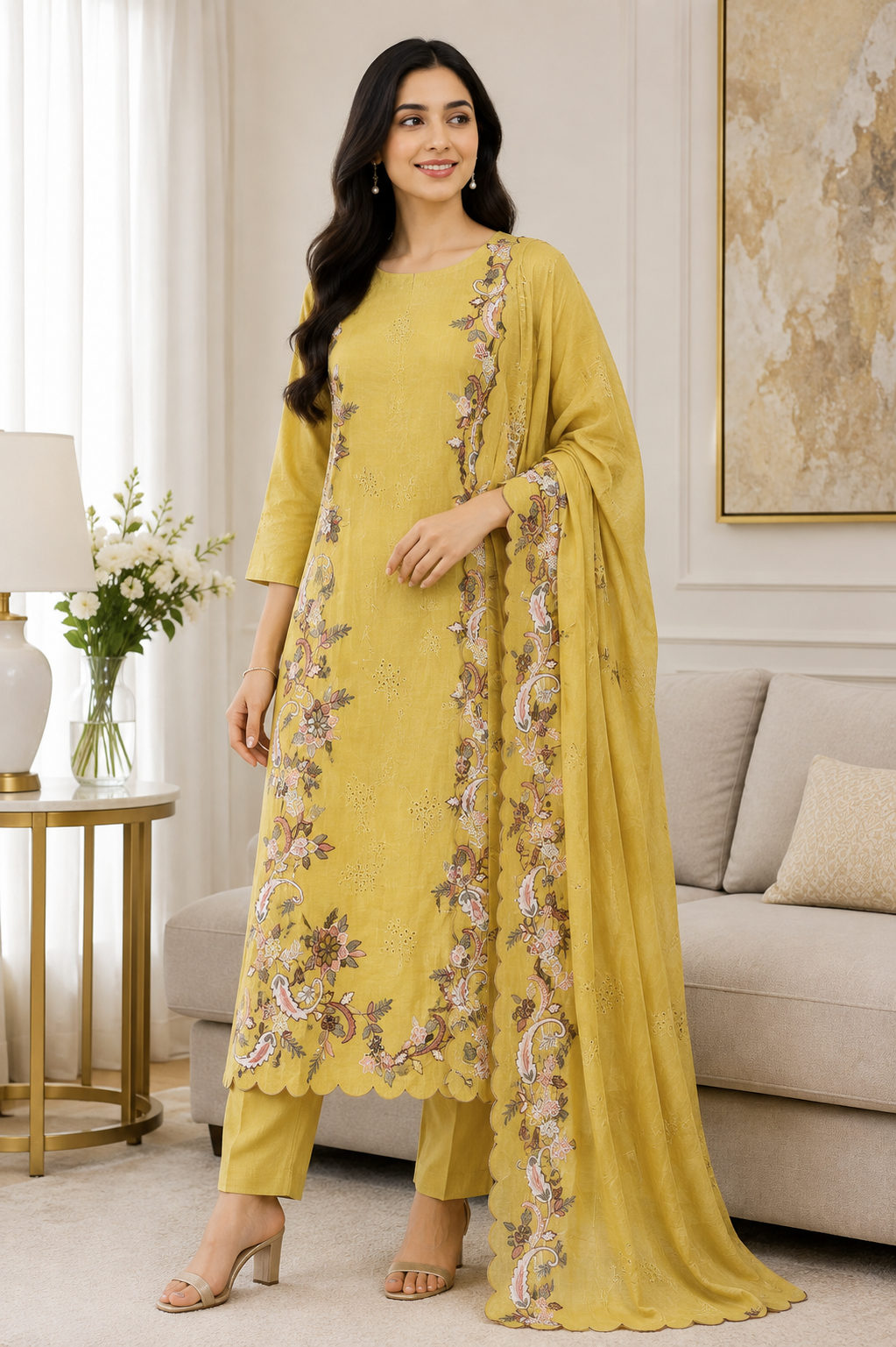 Mul Cotton Embroidered & Schiffli Work Unstitched Suit with Embroidered Dupatta