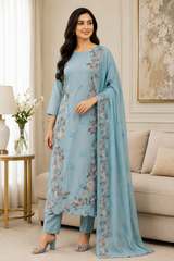 Mul Cotton Embroidered & Schiffli Work Unstitched Suit with Embroidered Dupatta