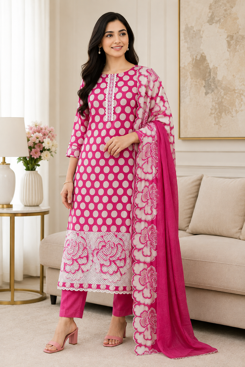 Pure Cotton Polka Dot Applique Work Unstitched Suit with Scalloped Embroidery Dupatta