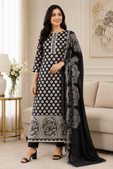 Pure Cotton Polka Dot Applique Work Unstitched Suit with Scalloped Embroidery Dupatta