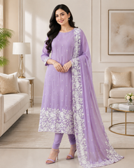Premium Chinnon Overall Embroidered Unstitched Suit with Pearl Highlights