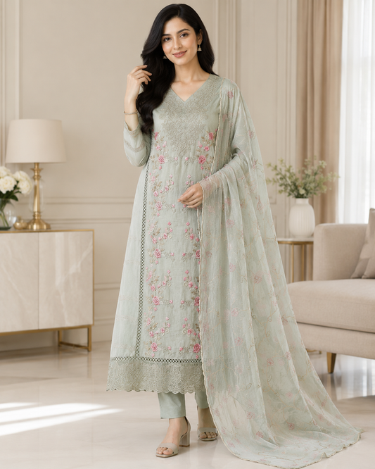 Mul Cotton Dual Overall Embroidery Unstitched Suit with Embroidered Dupatta | Festive & Party Wear