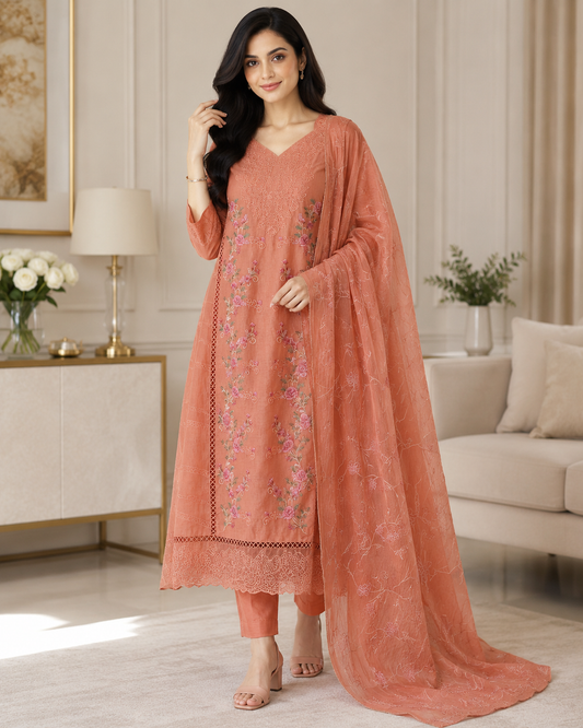 Mul Cotton Dual Overall Embroidery Unstitched Suit with Embroidered Dupatta | Festive & Party Wear