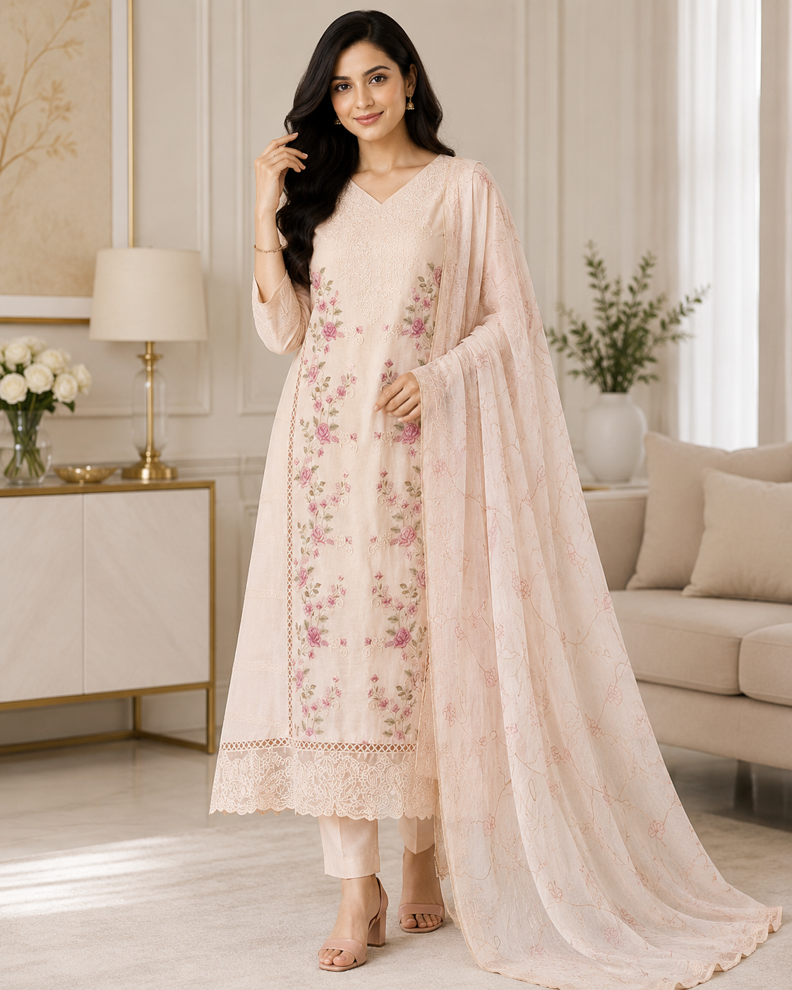 Mul Cotton Dual Overall Embroidery Unstitched Suit with Embroidered Dupatta | Festive & Party Wear