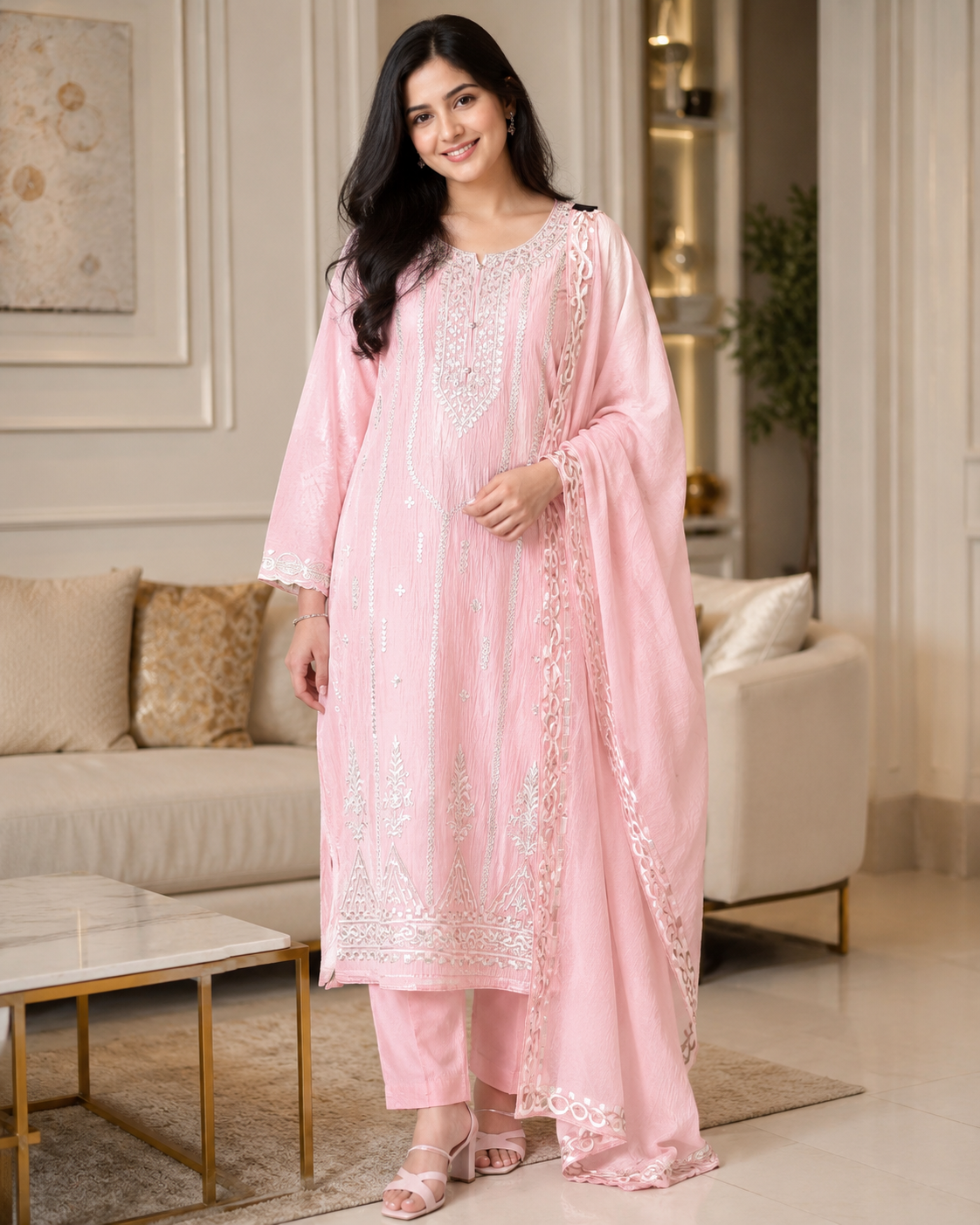 Mul Cotton Faux Leather Work Unstitched Suit Set for Women | Festive & Party Wear