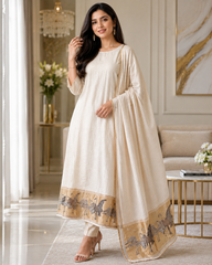 Designer Banarasi Mul Chanderi Unstitched Suit with Golden Embroidery & Woven Border