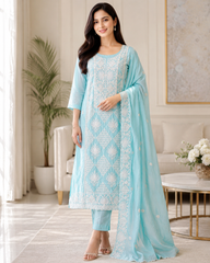 Premium Mul Cotton Lucknowi Embroidered Unstitched Suit Set With Scalloped Edge Dupatta