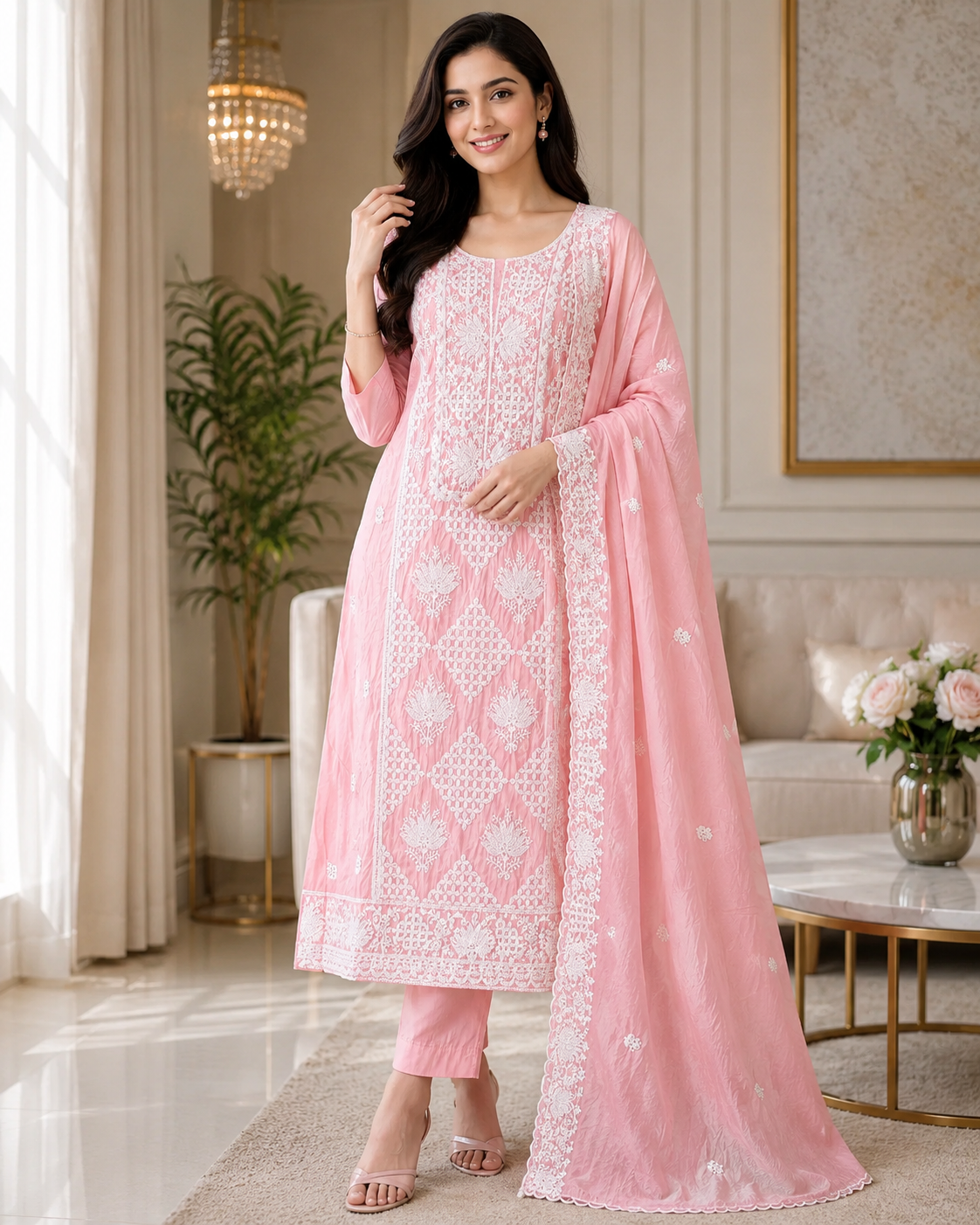 Premium Mul Cotton Lucknowi Embroidered Unstitched Suit Set With Scalloped Edge Dupatta