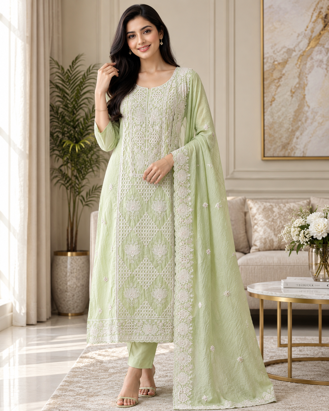Premium Mul Cotton Lucknowi Embroidered Unstitched Suit Set With Scalloped Edge Dupatta