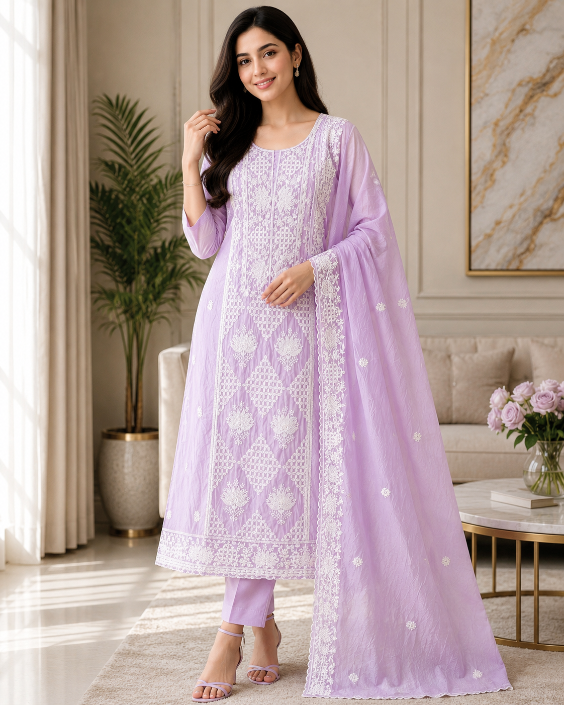 Premium Mul Cotton Lucknowi Embroidered Unstitched Suit Set With Scalloped Edge Dupatta