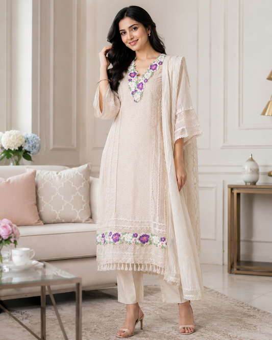 Jamdani Cotton Crochet Lace & 3D Floral Unstitched Suit with Jamdani Dupatta